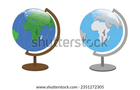 World globe with stand vector set. Globe of planet earth vector illustration for concept of kid learning or world travelling. Flat vector in cartoon style.
