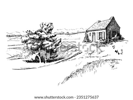 Green grass field on small hills. Meadow, alkali, lye, grassland, pommel, lea, pasturage, farm. Rural scenery landscape panorama of countryside pastures. Vector sketch illustration Royalty-Free Stock Photo #2351275637