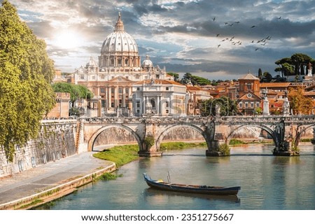 Sunset view of Tiber River in Rome, Italy, featuring St. Peter's Basilica, boats, and Renaissance architecture. Royalty-Free Stock Photo #2351275667