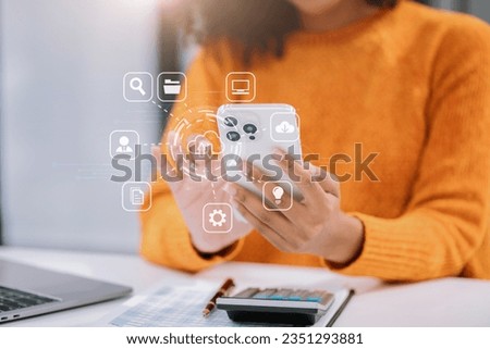 Woman is using a smartphone to access the cloud computing system , Storage and data transfer Cloud network , Cloud technology. Networking and internet service concept.