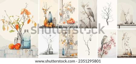 Watercolor Still Life.  Large collection of minimalistic vector still life. Illustrations for interior paintings. Pastel colors. Vector images for posters, banners, prints. Royalty-Free Stock Photo #2351295801