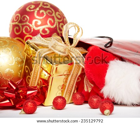 Gift boxes and christmas baubles,Isolated on white. 