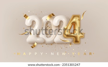 2024 New Year gold metal number. Extend Warm Wishes for a Happy New Year and Merry Christmas with this greeting card. Elegance and festive spirit. Vector 3d realistic Royalty-Free Stock Photo #2351301247
