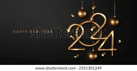 2024 New Year elegant card design featuring gold and black with golden balloons, confetti, and ribbons. Ideal for holiday greetings, invitations, and Christmas celebrations Royalty-Free Stock Photo #2351301249