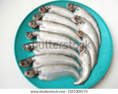 Pabda fish is a freshwater fish species. A group of fish on a plate on white background. Royalty-Free Stock Photo #2351304173
