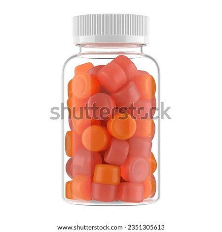 Transparent glass bottle filled with orange vitamin fiber gummies, healthy vitamin bottle without label Royalty-Free Stock Photo #2351305613