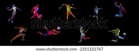 Collage. Sportive people, men and women, runner, football, tennis, basketball, volleyball players isolated on black background. Concept of professional sport and competition. Ad. Banner, poster