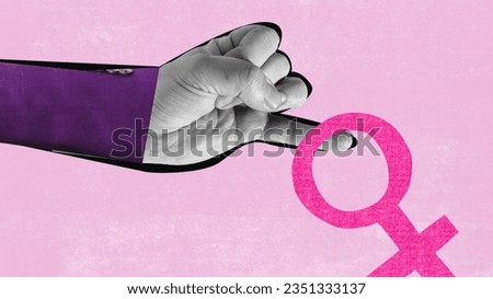 Contemporary art collage. Conceptual image with female hand in monochrome svare on finger to huge venus sign over pink background. Natural beauty acceptance. Power. Concept of social issues, feminism
