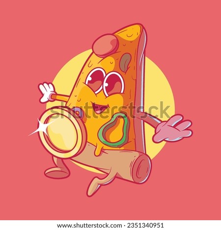Pizza Slice character jumping near a coin vector illustration. Food, money, brand design concept.