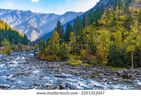 Mountain river in the autumn forest. Autumn mountain river in autumn forest. Mountain river in autumn forest. River in mountains
