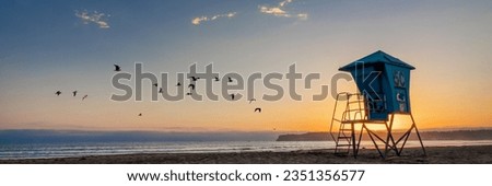 Lifeguard tower and seagulls on Coronado beach, panoramic sunset in San Diego, California Royalty-Free Stock Photo #2351356577