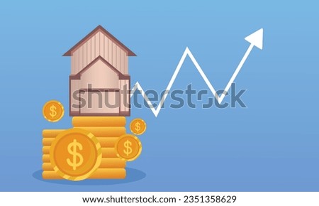 house with gold coins statistics icon real estate investment ideas.on blue background.Vector Design Illustration.
