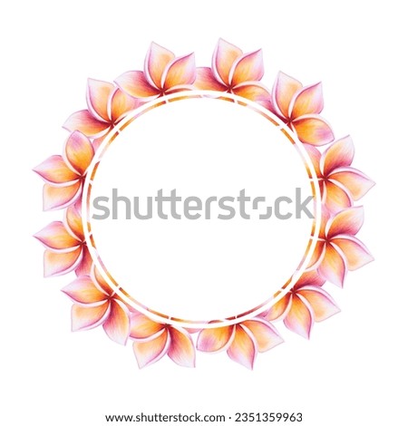 Watercolor frame and logo realistic tropical illustration of plumeria flowers with leaves isolated on white background. Beautiful botanical hand painted frangipani clip art. For designers, spa decorat