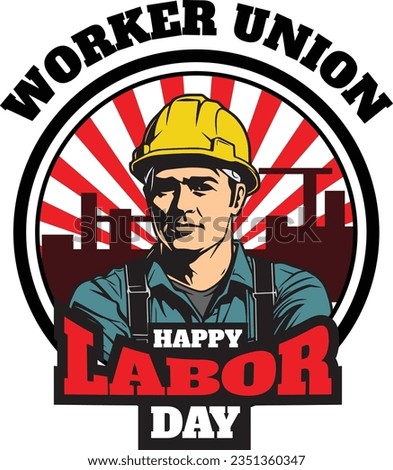 Happy labor day illustration of worker man in front of the flag of United States of America, vector, flat design, heroic image.