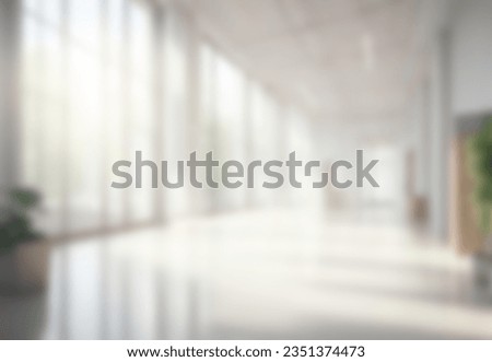 Light blurred background. The hall of an office or medical institution with panoramic windows and a perspective. Royalty-Free Stock Photo #2351374473