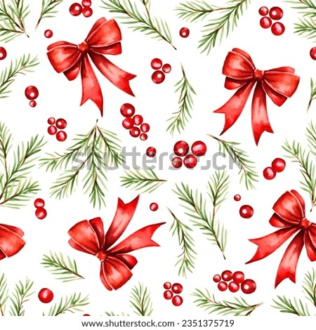 Christmas seamless pattern. Holly berries, fir branch and red bows.