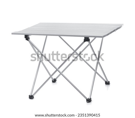 Aluminium folding camping table with slatted top  isolated on white Royalty-Free Stock Photo #2351390415