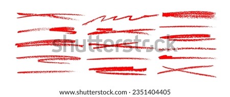 Grunge red strike through and underline elements. Set of hand drawn red pencil lines and strokes. Doodle vector graphic elements. Typography ink brush lines. Crosses and curved strokes. Royalty-Free Stock Photo #2351404405