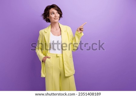 Photo of bob brown hair woman wear lime stylish garment pointing finger empty space business event isolated on violet color background