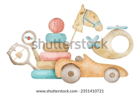 Watercolor wooden toys for infant baby. Rocking horse, pyramide and plane from eco natural material for child kid development