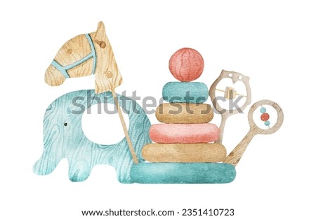 Watercolor wooden toys for infant baby. Rocking horse, pyramide and plane from eco natural material for child kid development