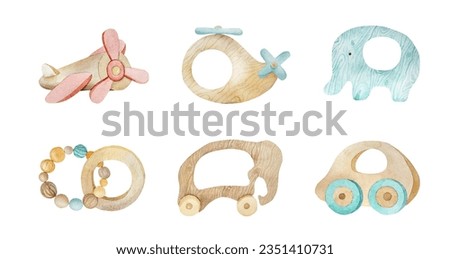 Watercolor wooden toys for infant child. Baby showers from eco natural material for kid development