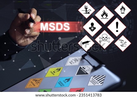 Safety staff holding clipboard with material safety data sheet MSDS, indicating prepare in emergency situation rehearsal to prevent potential chemical dangerous. Transportation ship and plane safety Royalty-Free Stock Photo #2351413783