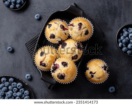 Beautiful blueberry muffins in black baking form with fresh blueberries on dark background. Delicious fruit cakes, dessert or bakery. Rustic style. Culinary magazine cover. Postcard design. Top view. Royalty-Free Stock Photo #2351414173