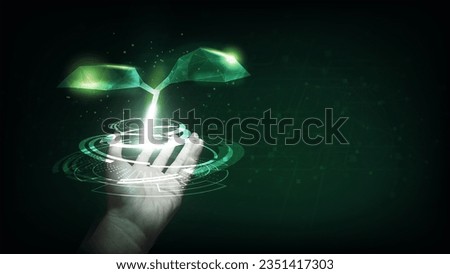Young plant sprouts or seeding holding on palm hand.Low polygon.Agriculture technology and science concept, ecology system.Hi-tech and futuristic.Digital and technology concept background.