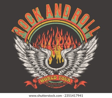 Eagle wing artwork. Rock and roll vector graphic print design for apparel, stickers, posters, background and others. Rebel rock music poster. Wild and free t-shirt design. Rock star. Fire music logo.