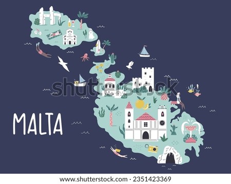 Malta hand drawn illustrated map with attractions, travel destinations. Cartoon illustration for travel poster, postcard, banner Royalty-Free Stock Photo #2351423369