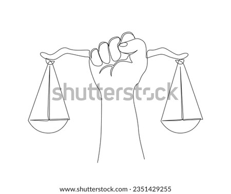 Continuous one line drawing of hand holds judicial scales. Hand holding law scale symbol outline vector illustration. Editable stroke.  Royalty-Free Stock Photo #2351429255