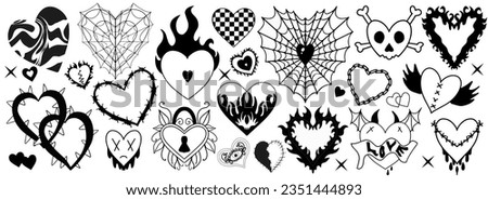 Y2k 2000s cute emo goth hearts stickers, tattoo art elements . Vintage black gloomy set heart. Gothic concept of creepy love. vector illustration Royalty-Free Stock Photo #2351444893