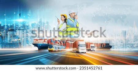Innovation technology digital future of logistics freight transportation import export concept, Engineer using radio communication working at industrial port, Containers checking control management Royalty-Free Stock Photo #2351452761