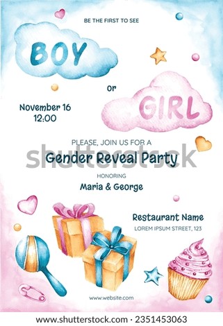 gender reveal party. Boy or girl reveal party. gender party. boy or girl. blue and pink color. balloons. celebration. Baby's gender reveal party. Vector Illustration. Poster, Banner, Invitation Card.