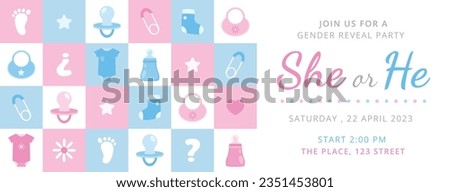 gender reveal party. Boy or girl reveal party. gender party. boy or girl. blue and pink color. balloons. celebration. Baby's gender reveal party. Vector Illustration. Poster, Banner, Invitation Card. Royalty-Free Stock Photo #2351453801