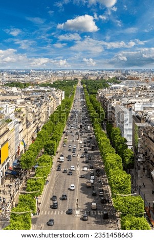 Panoramic aerial view of Paris and Avenue des Champs Elysees, France Royalty-Free Stock Photo #2351458663