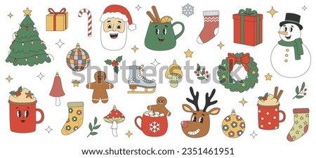 Sticker pack of cartoon Christmas characters and elements. Santa, snowman, reindeer, gingerbread man in trendy retro cartoon style. Isolated vector illustration