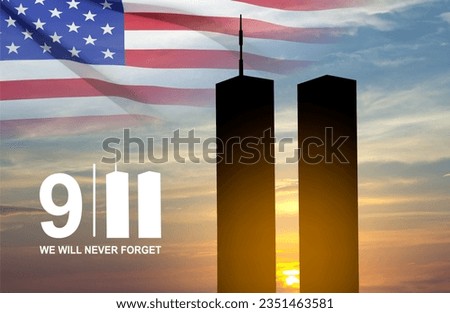 New York skyline silhouette with Twin Towers and against the sunset. 09.11.2001 American Patriot Day banner