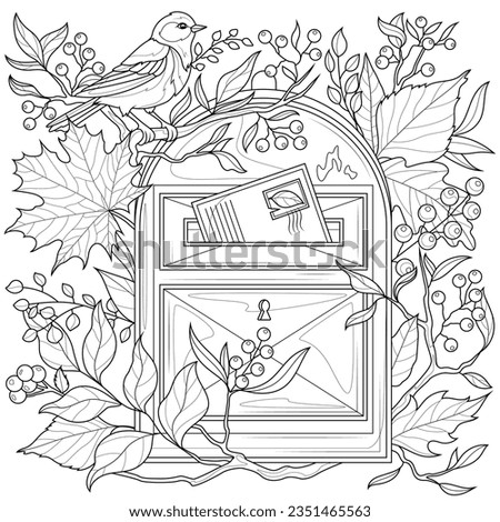 mailbox with autumn leaves and a bird.Coloring book antistress for children and adults. Illustration isolated on white background.Zen-tangle style.  Royalty-Free Stock Photo #2351465563