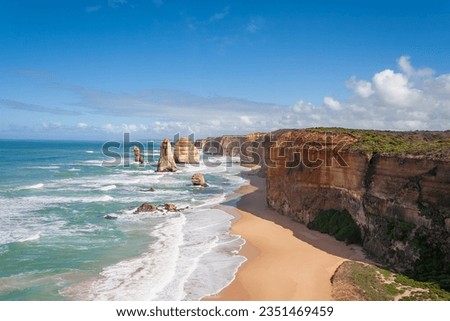 High cliffs of the Twelve Apostles, located at the Great Ocean Road, Victoria, Australia Royalty-Free Stock Photo #2351469459