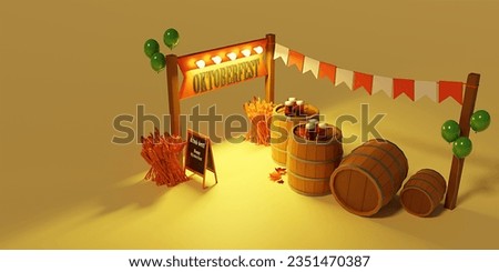 Oktoberfest 3d poster. Logo and three beer mugs on wooden barrels with autumn leaves. Traditional german beer festival. Template background banner. Space for text.