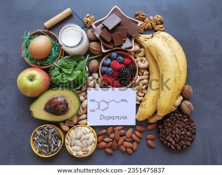 Dopamine-boosting food with structural chemical formula of dopamine. Food for good mood and happiness. Healthy foods that may help boost dopamine. Natural sources of hormone dopamine. Brain super food Royalty-Free Stock Photo #2351475837