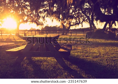 Wooden picnic table in field with trees at sunset sunrise golden hour looking peaceful serene meditative warm relaxing restful with a retro vintage cross processed filter Royalty-Free Stock Photo #235147639