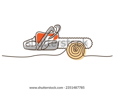 Crossed chainsaws isolated on white background. Continuous one line drawing colored with color spots. Tool woodcutter symbol. Tree Service. Single line draw design vector graphic illustration