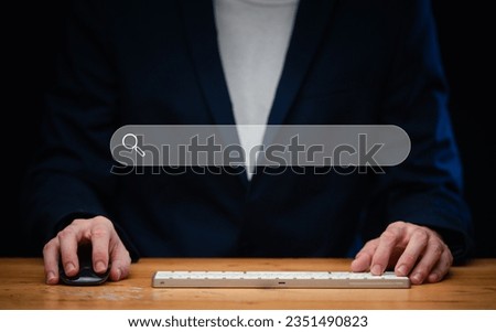 Searching Browsing Internet Data Information with blank search bar.hand of businessman working with computer laptop on desk in office.