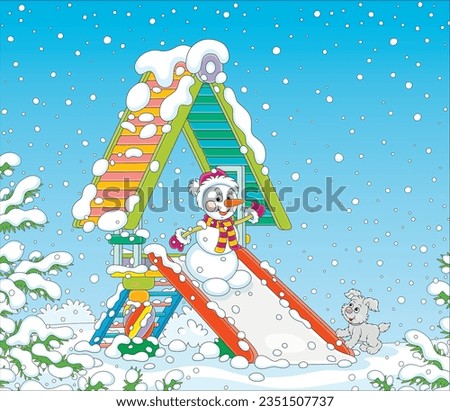 Merry snowman playing with a cute puppy on a colorful toy slide on a snow-covered playground in a winter park on a beautiful snowy day, vector cartoon illustration