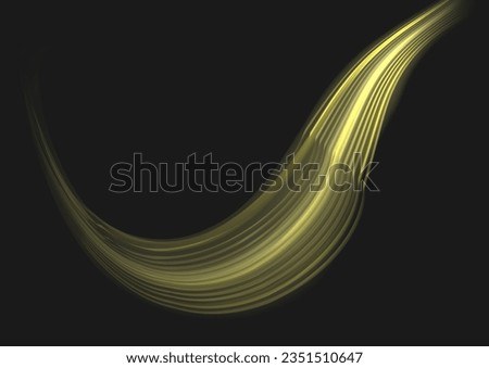 Sparkling swirl with flare sparkle. Glittering trail. Swirling gold neon wavy. Glowing spiral lines effect. Curved line light. Rotating shining waves of speed. Dynamic yellow motion wave twist, vector