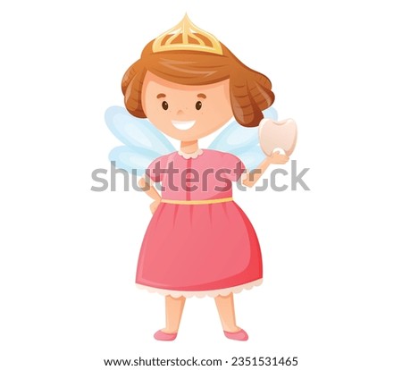 Cute childish character Tooth Fairy with wings. Cartoon vector isolated girl princess with golden crown.