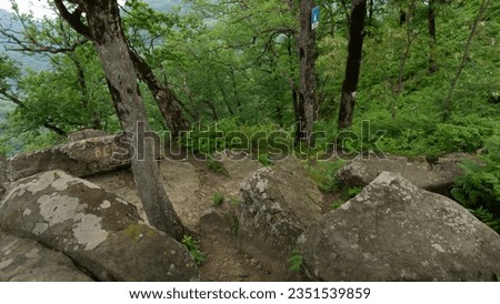 Mountain landscape with tree branches on the sides. Lazarevskoye, the end of a long route along the location of the Berendeyevo kingdom.